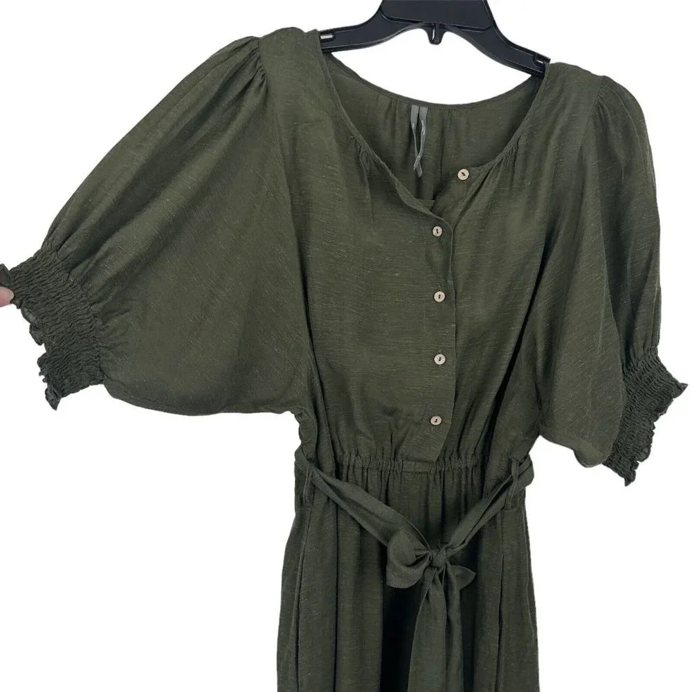 Anthropologie Shirt Dress Womens Small Nicole Linen Blend Green Puff Sleeve - Picture 6 of 14